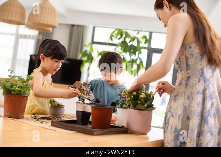 Young mother and her children planting potted plant at home Stock Photo