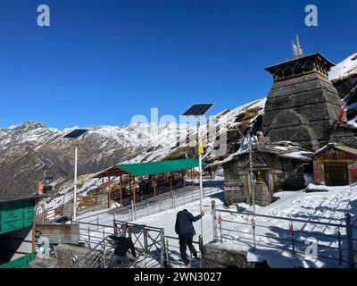 The view of Kedarnath Temple with snow-capped mountains in the background. Uttarakhand Stock Photo