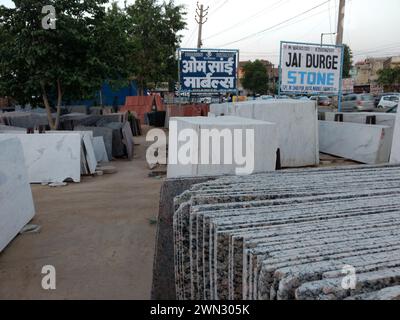 The stacks of marble slabs in an outdoor setting Stock Photo