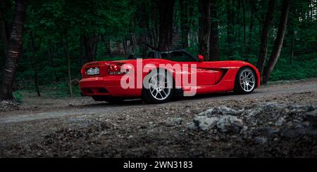 red Dodge Viper in a forest. Rear three quarter view of american roadster sports car Stock Photo