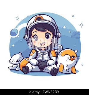 Cute little astronaut girl in space suit with cat. vector illustration Stock Vector