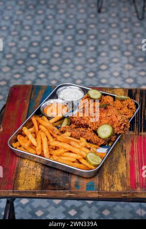 landscape photography of a tray filled with fried chicken and fries with mayo and mustard served on colorful table Stock Photo
