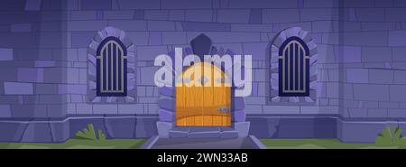 Medieval castle stone wall with wooden close doors in form of arch. Old brick pillar with double gate and windows with bars. Cartoon ancient kingdom fortress or temple building barrier with entrance. Stock Vector