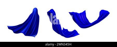 Realistic blue cape cloak of superhero in different positions floating in air under wind. Vector set of fabric costume mantle or silk scarf flying. Windblown curtain or drapery with wrinkles. Stock Vector