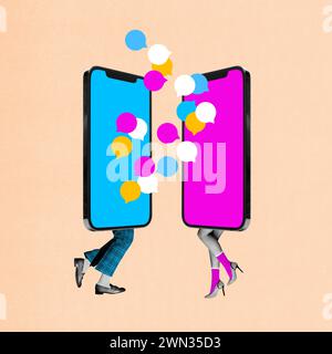 Mobile phone screens on male and female legs exchanging speech bubbles symbolizing online communication. Contemporary art collage. Stock Photo