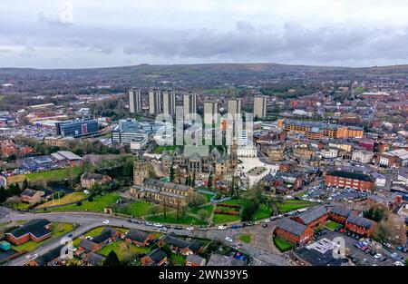 An aerial view of Rochdale Town Centre as voting begins in the Rochdale by-election which was triggered after the death of Labour MP Sir Tony Lloyd. Picture date: Thursday February 29, 2024. Stock Photo