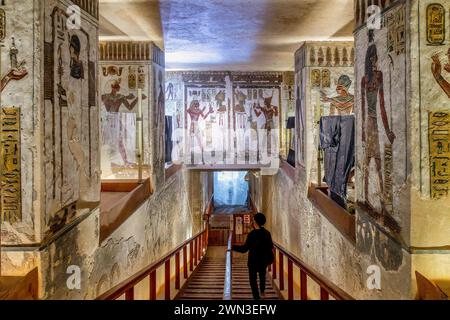 Painted room in the tomb of Ramses III (Rameses III) decorated with colorful hyeroglyphs in the Valley of the Kings, Luxor West bank, Egypt Stock Photo