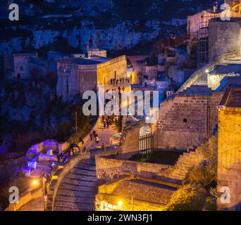 Arial view of Matera sassi curved road at night, Italy Stock Photo