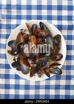 A Bowl of boiled black mussels shells on blue and white checkered background Stock Photo