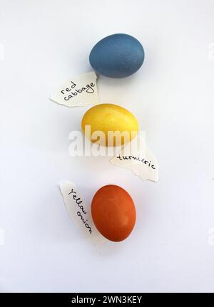 Easter-themed eggs with painted words representing holiday phases Stock Photo