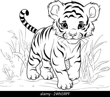 Cute tiger cub in the grass. Black and white vector illustration. Stock Vector