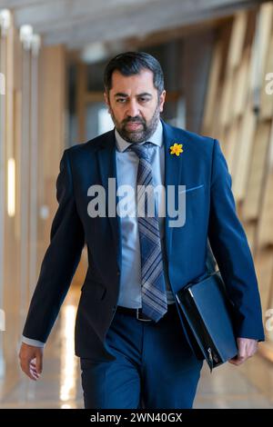 First Minister Humza Yousaf arrives for First Minster's Questions at the Scottish Parliament in Holyrood, Edinburgh. Picture date: Thursday February 29, 2024. Stock Photo