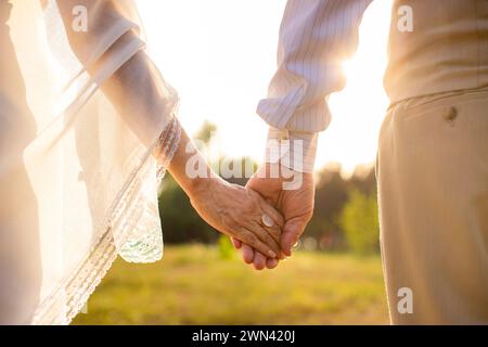 Newlyweds Holding Hands Stock Photo