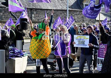 Edinburgh, Scotland, UK. 29th February 2024.  Rally by EIS FELA and Unison protesting against the planned funding cuts to further education and for a fair pay rise, protest at the Scottish parliament Holyrood. Credit: Craig Brown/Alamy Live News Stock Photo