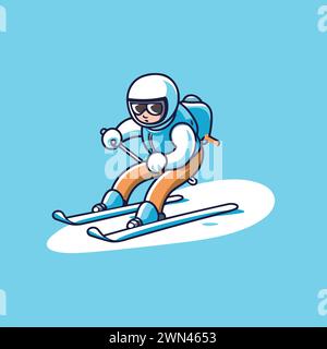 Skiing man. cartoon vector illustration isolated on blue background. Stock Vector