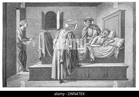 The Saintly Borhers Cosmas and Damian Visiting and Relieving the Sick, after a picture  by Francesco Peselli: Cosmas and Damian were two Arab physicians and early Christian martyrs in the 3rd century CE. Engraving from Lives of the Saints by the Reverend Sabin Baring-Gould, published 1898 Stock Photo