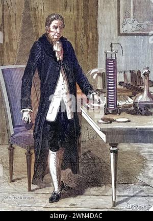 Alessandro Volta 1745-1827 italienischer Physiker, der seinen elektrischen Akku demonstriert / Alessandro Volta 1745-1827 Italian physicist, demonstra Stock Photo