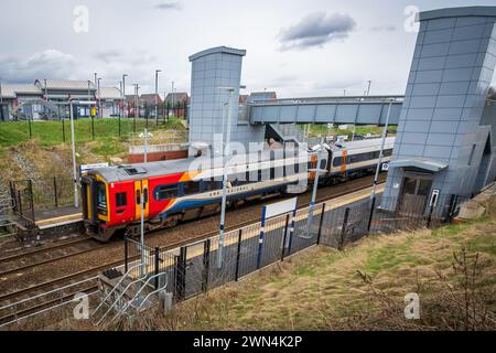 Warrington West new railway station in Chapelford to the west of Warrington on the old Midland  Cheshire Lines route between Liverpool and Manchester. Stock Photo