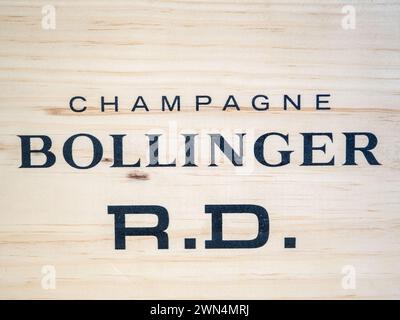 Cardiff Mid Glamorgan Wales United Kingdom February 29 2024 Wooden shipping case stamped with Bollinger RD Champagne Stock Photo