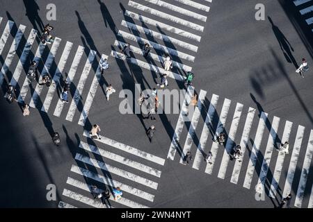 Pedestrians crossing the street at a busy intersection in Ginza, a popular upscale shopping area of Tokyo, Japan. Stock Photo