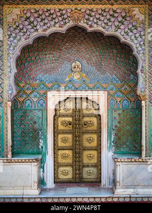 The colorful Rose gate at the Jaipur City Palace in Rajasthan, India. Stock Photo