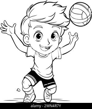 Boy Playing Volleyball - Black and White Cartoon Illustration. Vector ...