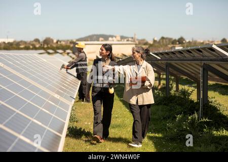 Female entrepreneur examining solar panels while walking with engineer at power station Stock Photo