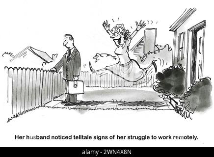 BW cartoon of a remote worker wife who is lonely and delighted when her husband returns home from his office. Stock Photo