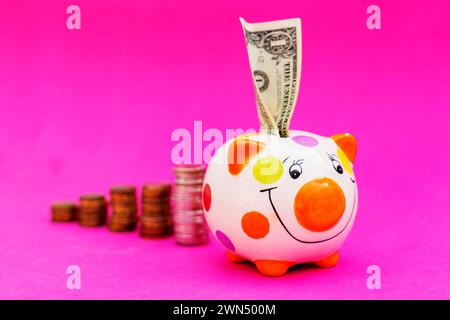 Piggybank and money tower , to save , saving money for affordable things, financial concept .Piggybank or deposit box on a red background, depict savi Stock Photo