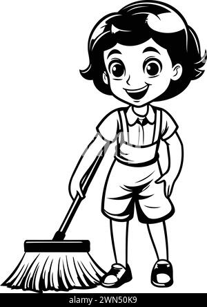 Cute boy sweeping the floor with a broom. vector illustration. Stock Vector