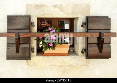 Small wooden window, with shutters.  There is a pot of flowers on the windowsill.  Hum, Istria, Croatia, 2019 Stock Photo