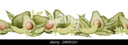 Avocado seamless Border. Watercolor Frame template. Pattern with green fruits. Hand drawn illustration on isolated white background. Painting of vegetable plant. Drawing of Food for floral cards. Stock Photo