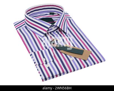 Multicolored striped folded men's shirt with long sleeves and buttons isolated on white background Stock Photo