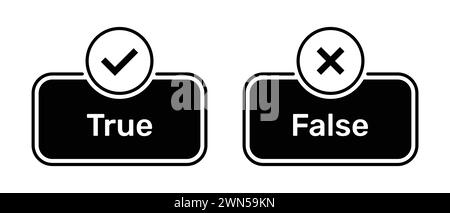 True or False buttons with right and wrong symbols black color. Check box icon with right and wrong symbols with true and false button icons in black. Stock Vector