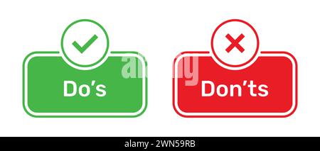 Do's and Don'ts buttons with right and wrong symbols. Check box icon with tick and cross symbols with do's and don'ts button icons in green and red. Stock Vector