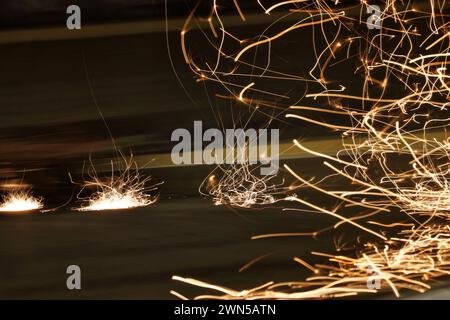 Sakhir, Bahrain. 29th Feb, 2024. Circuit atmosphere - sparks. Formula One World Championship, Rd 1, Bahrain Grand Prix, Thursday 29th February 2024. Sakhir, Bahrain. Credit: James Moy/Alamy Live News Stock Photo