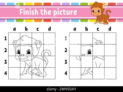 Finish the picture. Coloring book pages for kids. Education developing worksheet. Game for children. Handwriting practice. cartoon character. Vector i Stock Vector