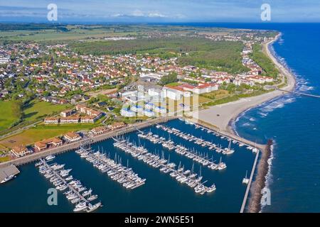 Aerial view over sailing boats at marina and seaside resort Kühlungsborn along the Baltic Sea, Rostock district, Mecklenburg-Vorpommern, Germany Stock Photo