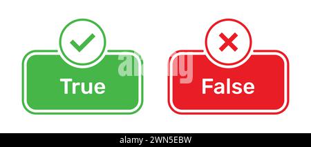 True or False buttons with right and wrong symbols. Check box icon with right and wrong symbols with true and false button icons in green and red box. Stock Vector