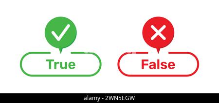 Right and Wrong symbols with True and False buttons in green and red color. True and False buttons with right and wrong symbols. Check box icon color. Stock Vector