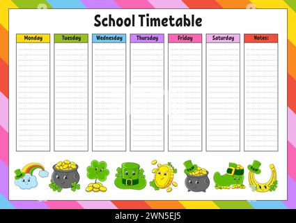School schedule. Timetable for schoolboys. Empty template. Weekly planer with notes. cartoon character. Vector illustration. Stock Vector