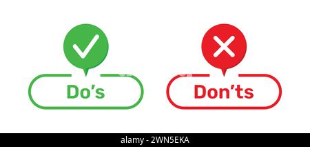 Right and Wrong symbols with Do's and Don'ts buttons. Do's and Don'ts buttons with right and wrong symbols in green and red color. Check box icon. Stock Vector