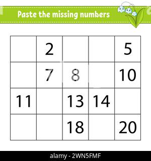 Paste the missing numbers 1-20. Game for children. Handwriting practice. Learning numbers for kids. Education developing worksheet. Activity page. Vec Stock Vector