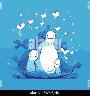 Cute Cartoon Penguin Family In Love. Vector Illustration On Blue 