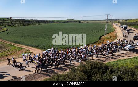 Beit Guvrin, Israel. 01st Mar, 2024. An image made with a drone shows Israelis marching through hilly lands outside Beit Guvrin, central Israel on February 29, 2024 as they complete another day of marching from the Gaza Strip communities to Jerusalem. Some 500 marchers and family members of hostages held in the Gaza Strip march to Jerusalem calling on the government to Bring Them Home since they were taken captive as hostages by Hamas terrorists during their murderous sprees on October 7, 2024. Photo by Jim Hollander/UPI Credit: UPI/Alamy Live News Stock Photo