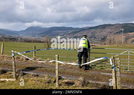 Pitilie, near Aberfeldy, UK. 29th Feb, 2024. This is Police Scotland Forensics searchin the murder scene of Brian Low on the very popular footpath. The White suited teams are on their hands and knees methodically searchin every inch of the scene. The whole scne has been sectioned off and will take days to search. Credit: JASPERIMAGE/Alamy Live News Stock Photo