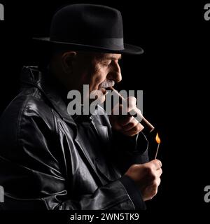 Profile shot of a mature man lighting a cigar isolated on black background Stock Photo