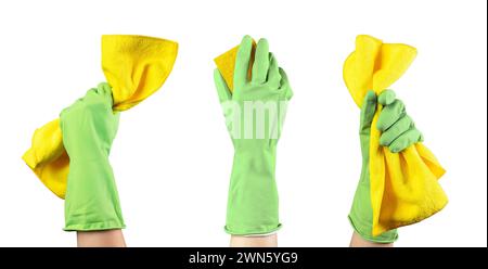 Hand in gloves holding yellow polishing microfiber wiper, clothes set, isolated on white. Stock Photo