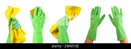 Hand in green gloves holding yellow cleaning polishing microfiber wiper set, isolated on white. Stock Photo