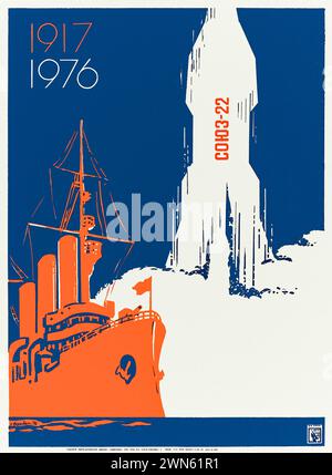 ‘1917-1976 Союз 22’ [Union 22] Soviet era propaganda poster celebrating the successful launch of the Soyuz 22 mission where cosmonauts Valery Bykovsky and Vladimir Aksyonov spent a week in orbit photographing the surface of the Earth. The Russian battleship Potemkin is shown in the foreground as the 1905 mutiny onboard served as inspiration for the  Russian Revolution that started in 1917. Stock Photo